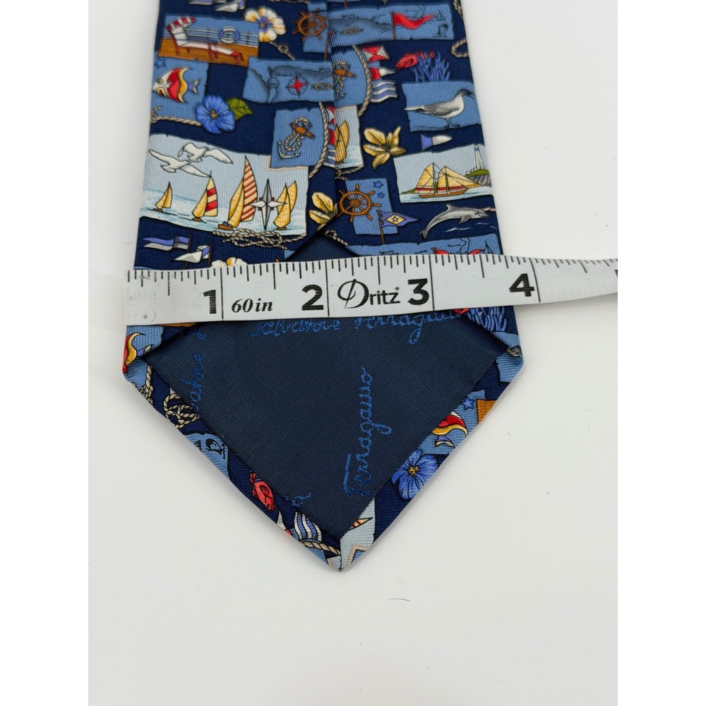 Salvatore Ferragamo Mens Silk Tie Navy Blue Nautical Sailboat Anchor Italy 2803 - Picture 5 of 6